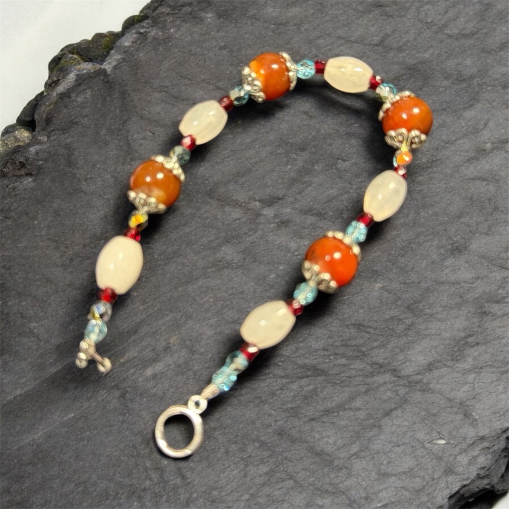 Handcrafted Quartz & Red Agate Beaded Bracelet - Picture 2 of 6